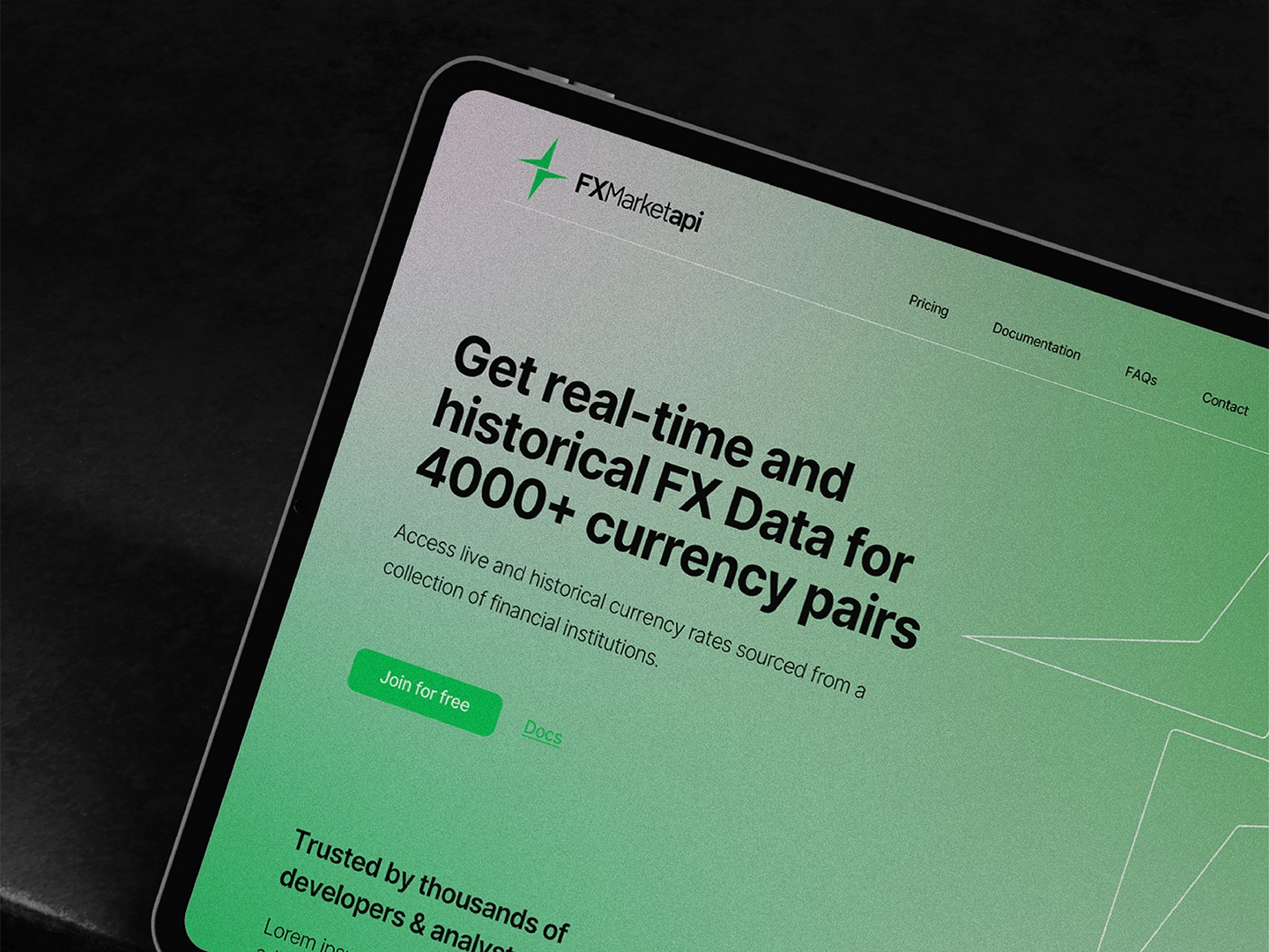 Front-end web development and UI layout for financial data platform FXMarketAPI.