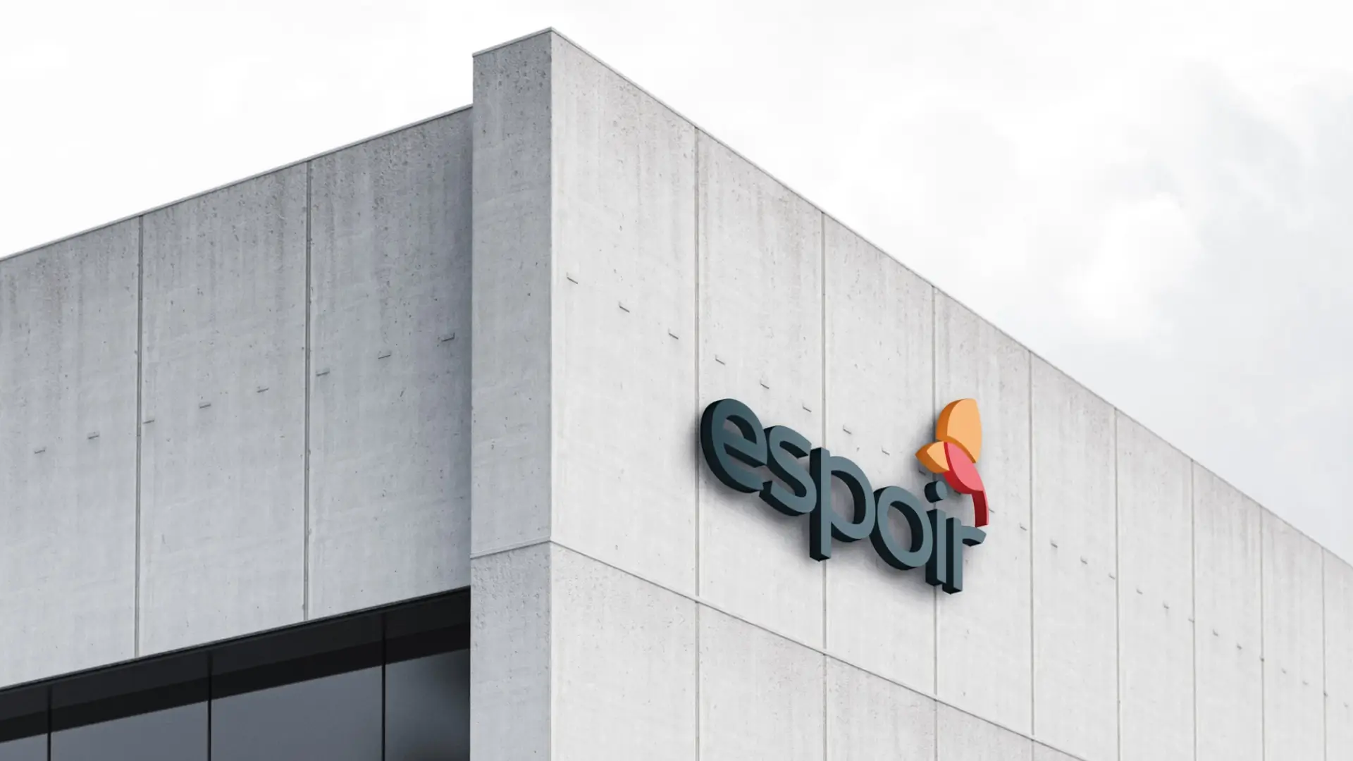 Concrete architectural signage and corporate visual identity for pharma manufacturer Espoir