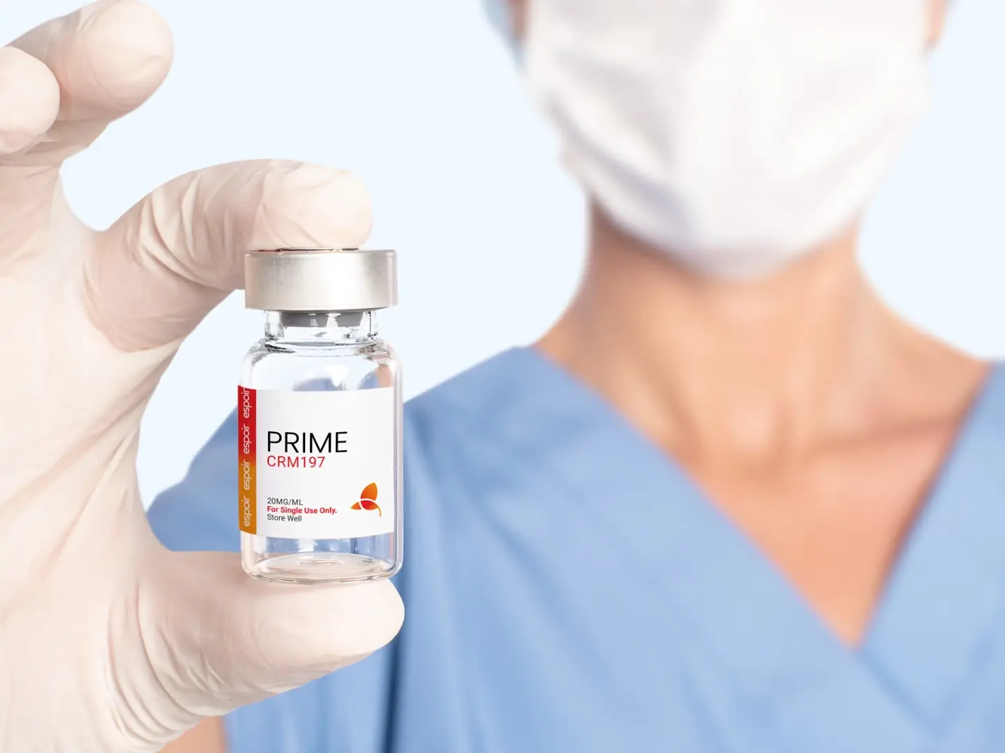 CRM197 vaccine vial packaging and biotech brand identity for Espoir Therapeutics.